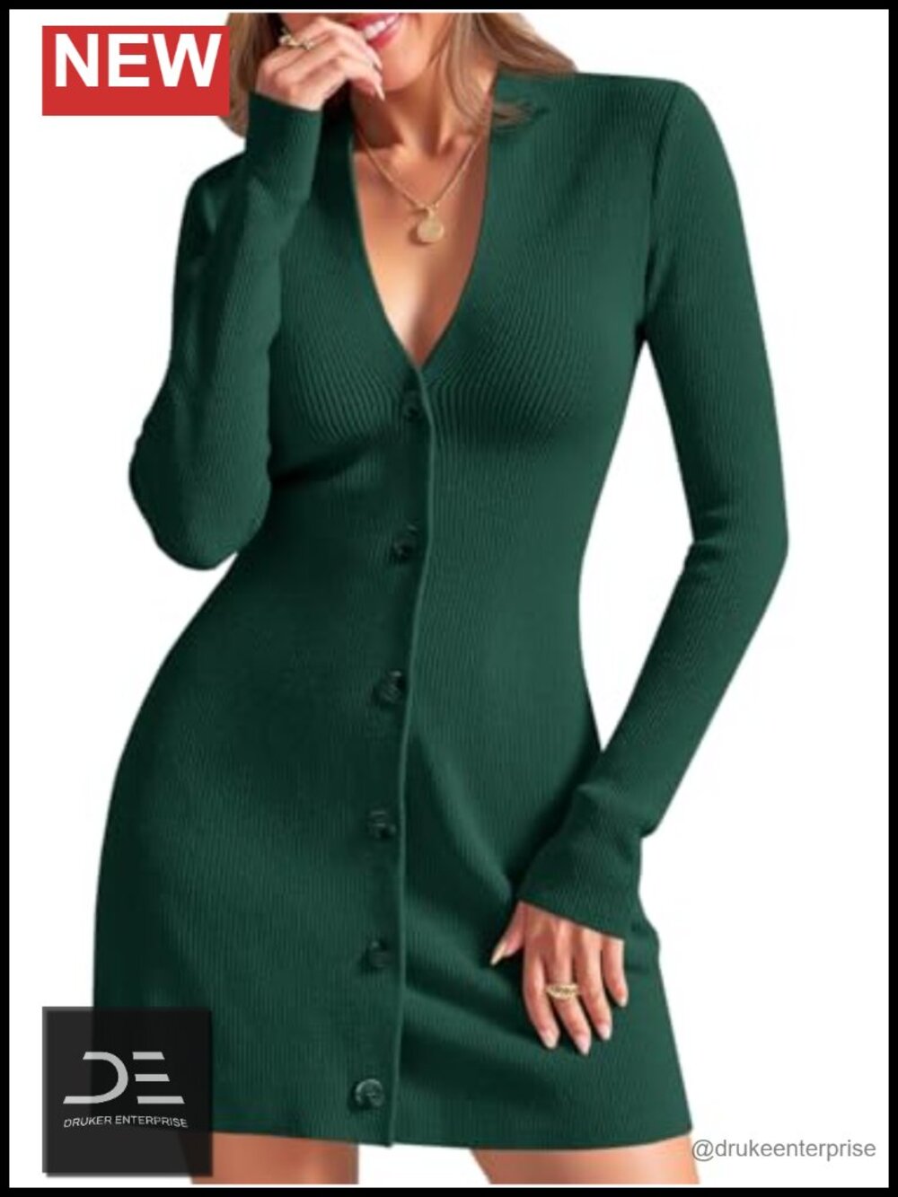 Deep V Neck Ruffle Hem Long Sleeve Knit Mini Dress Bodycon
